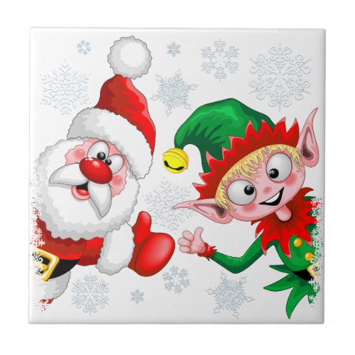 Santa and Elf Christmas Characters Thumbs Up  Ceramic Tile