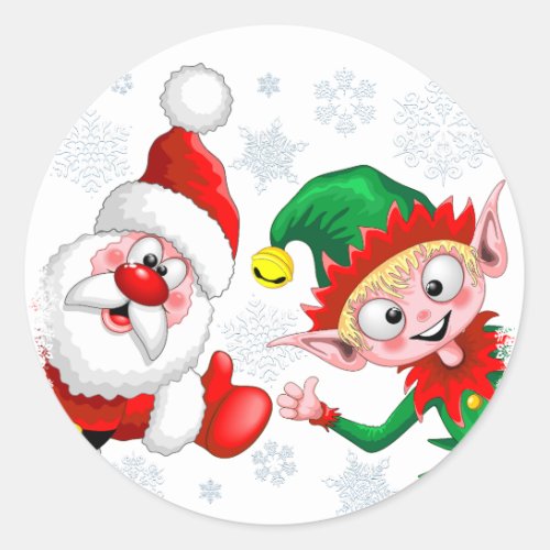 Santa and Elf Christmas Characters Thumbs Up  Classic Round Sticker