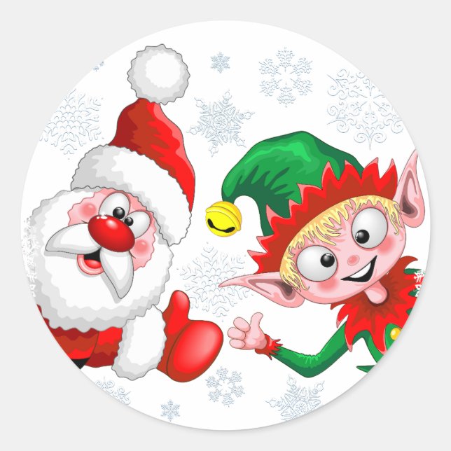 Santa and Elf Christmas Characters Thumbs Up  Classic Round Sticker (Front)
