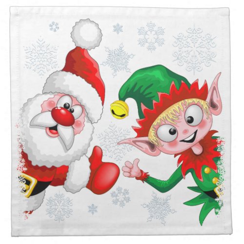 Santa and Elf Christmas Characters Thumbs Up  Cloth Napkin