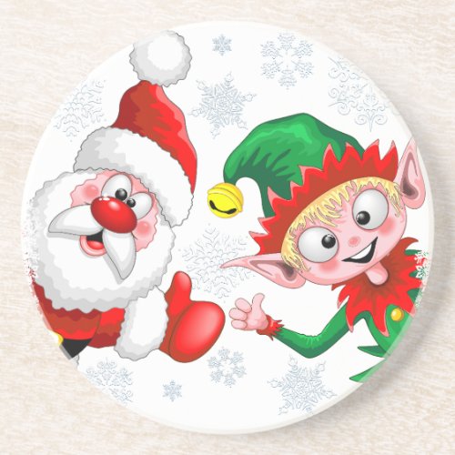 Santa and Elf Christmas Characters Thumbs Up  Coaster