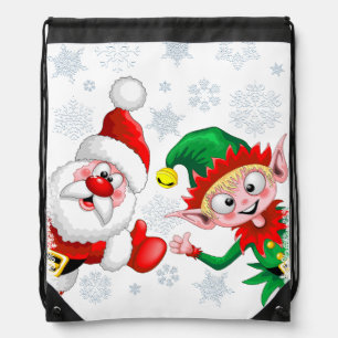 Santa and Elf Christmas Characters Thumbs Up  Drawstring Bag