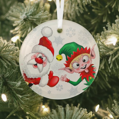 Santa and Elf Christmas Characters Thumbs Up  Glass Ornament