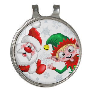 Santa and Elf Christmas Characters Thumbs Up  Golf Hat Clip