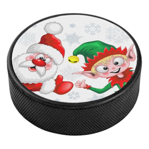 Santa and Elf Christmas Characters Thumbs Up  Hockey Puck