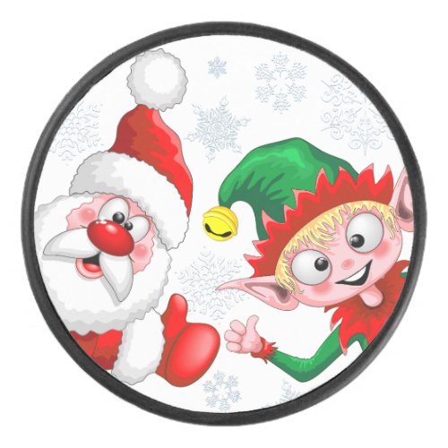 Santa and Elf Christmas Characters Thumbs Up  Hockey Puck