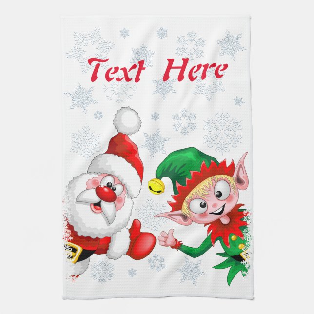 Santa and Elf Christmas Characters Thumbs Up  Kitchen Towel (Vertical)