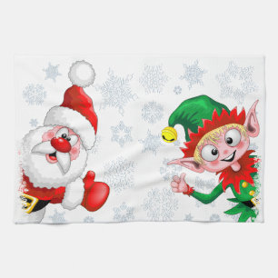 Santa and Elf Christmas Characters Thumbs Up  Kitchen Towel