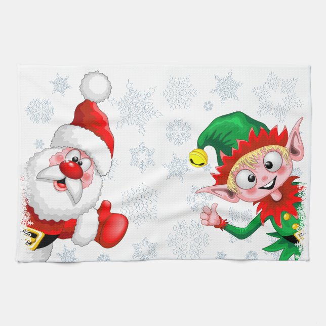 Santa and Elf Christmas Characters Thumbs Up  Kitchen Towel (Horizontal)