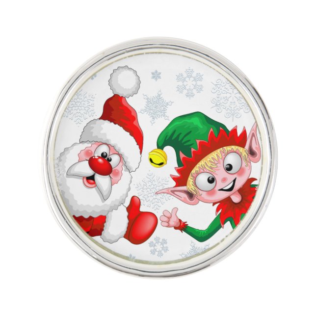 Santa and Elf Christmas Characters Thumbs Up  Lapel Pin (Front)