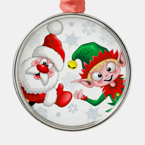 Santa and Elf Christmas Characters Thumbs Up  Metal Ornament