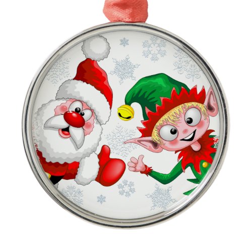 Santa and Elf Christmas Characters Thumbs Up  Metal Ornament