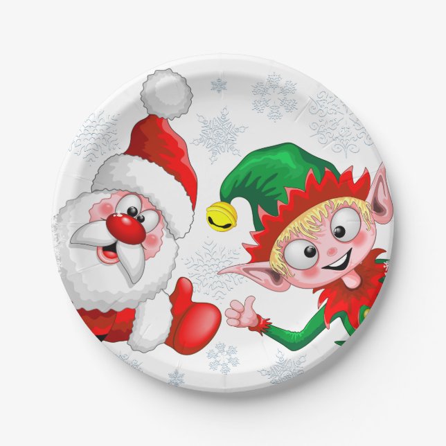 Santa and Elf Christmas Characters Thumbs Up   Paper Plates (Front)