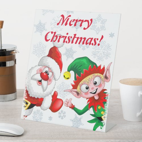 Santa and Elf Christmas Characters Thumbs Up  Pedestal Sign