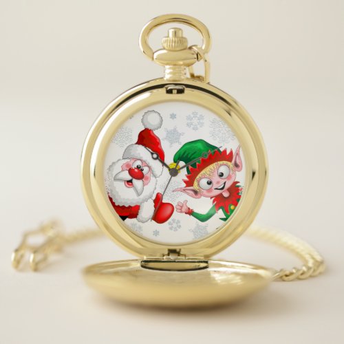 Santa and Elf Christmas Characters Thumbs Up  Pocket Watch