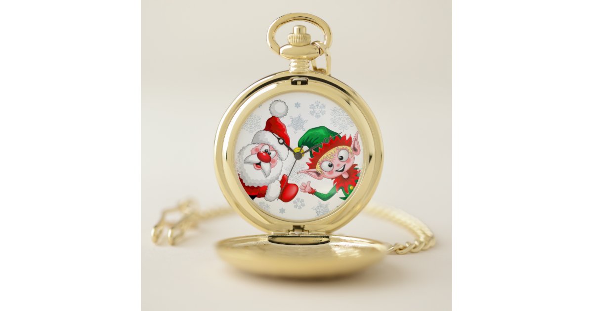 Santa and Elf Christmas Characters Thumbs Up Pocket Watch | Zazzle
