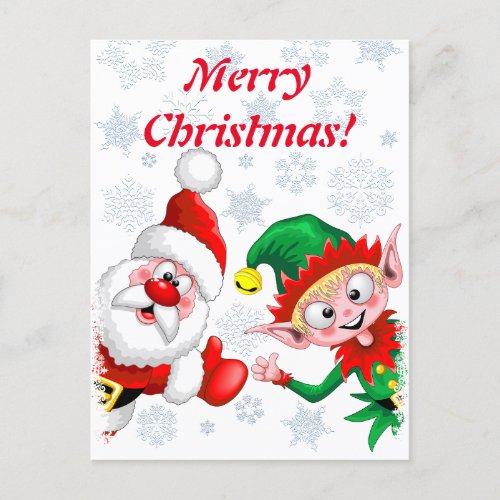Santa and Elf Christmas Characters Thumbs Up  Postcard