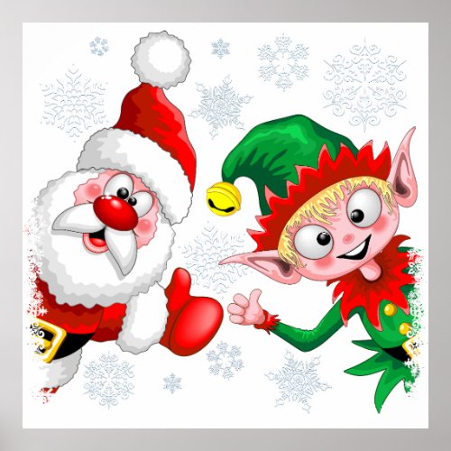 Santa and Elf Christmas Characters Thumbs Up  Poster