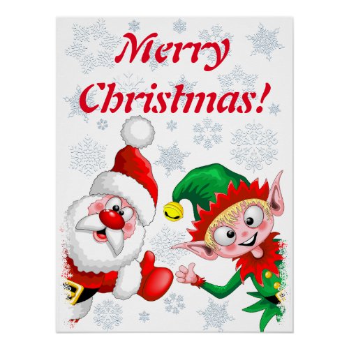 Santa and Elf Christmas Characters Thumbs Up  Poster