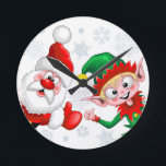 Santa and Elf Christmas Characters Thumbs Up  Round Clock<br><div class="desc">Cute and Happy Santa and Elf Happy Christmas Cartoon Characters with Thumbs up,  celebrating Holidays. Original Vector Illustration Copyright BluedarkArt TheChameleonArt.</div>