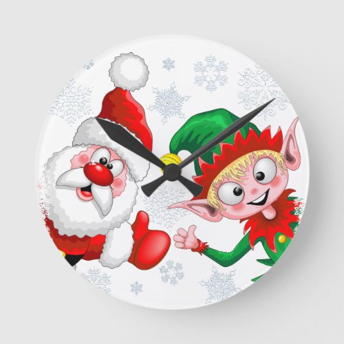 Santa and Elf Christmas Characters Thumbs Up  Round Clock