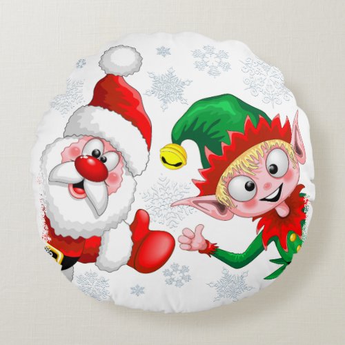Santa and Elf Christmas Characters Thumbs Up   Round Pillow