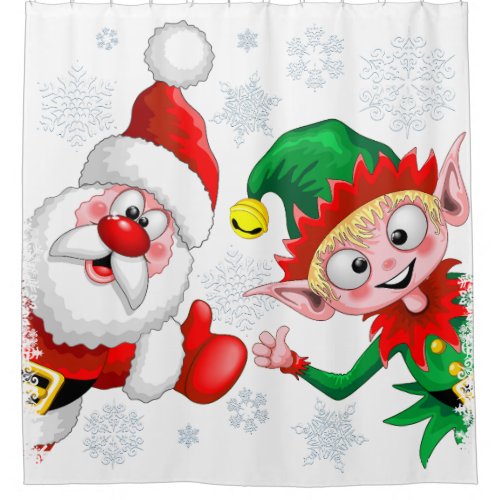 Santa and Elf Christmas Characters Thumbs Up  Shower Curtain