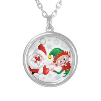 Santa And Elf Christmas Characters Thumbs Up  Silver Plated Necklace by Bluedarkat at Zazzle