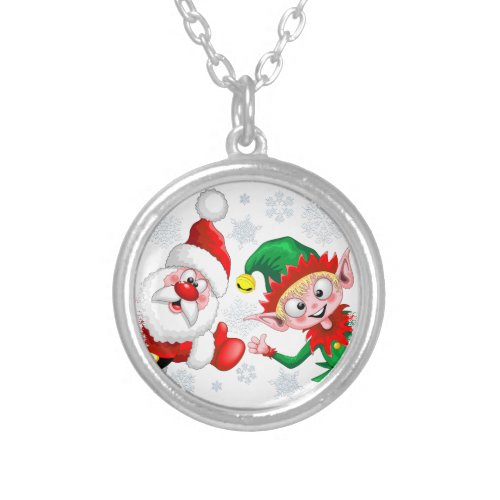 Santa and Elf Christmas Characters Thumbs Up  Silver Plated Necklace