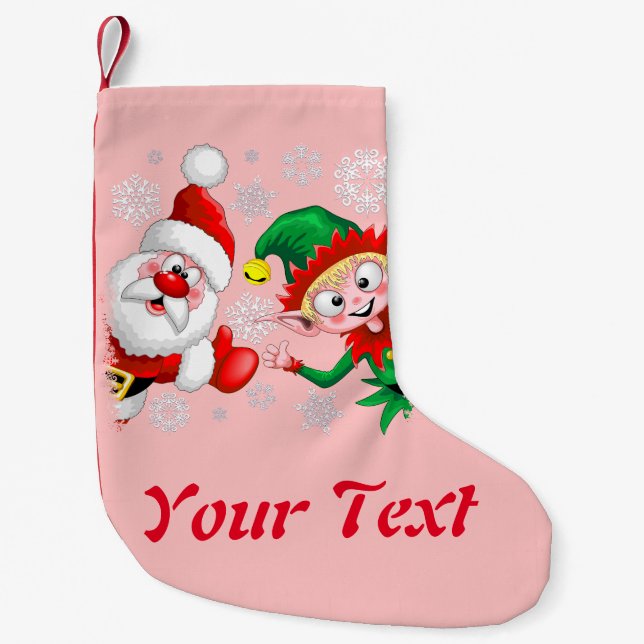 Santa and Elf Christmas Characters Thumbs Up   Small Christmas Stocking (Front)