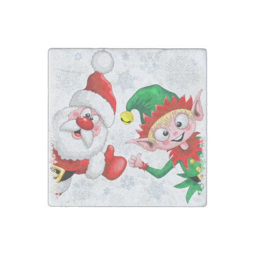 Santa and Elf Christmas Characters Thumbs Up  Stone Magnet