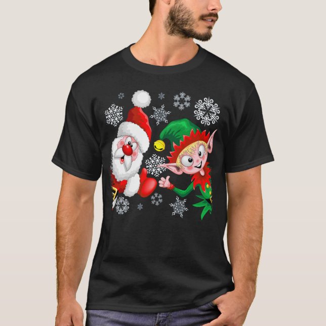 Santa and Elf Christmas Characters Thumbs Up T-Shirt (Front)