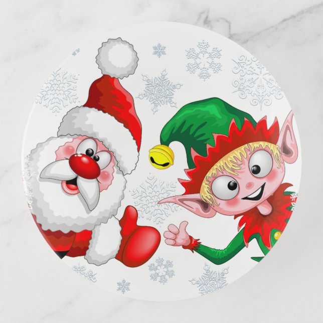 Santa and Elf Christmas Characters Thumbs Up  Trinket Tray (Front)