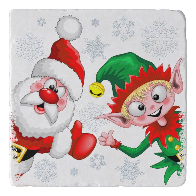 Santa and Elf Christmas Characters Thumbs Up   Trivet (Front)