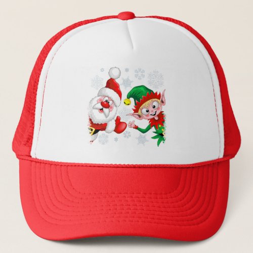 Santa and Elf Christmas Characters Thumbs Up  Trucker Hat
