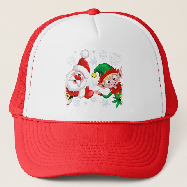 Santa and Elf Christmas Characters Thumbs Up  Trucker Hat (Front)