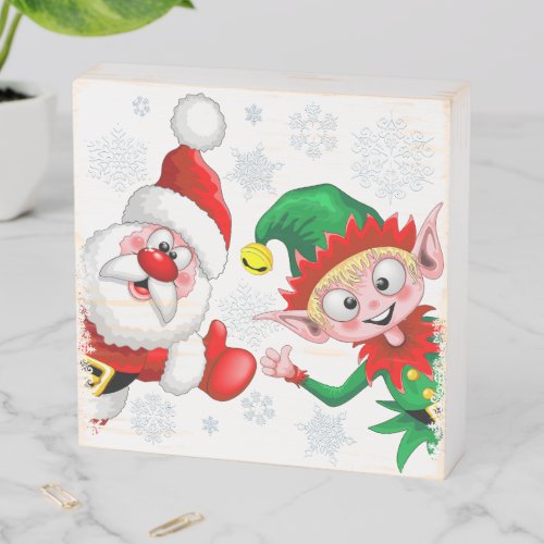 Santa and Elf Christmas Characters Thumbs Up  Wooden Box Sign
