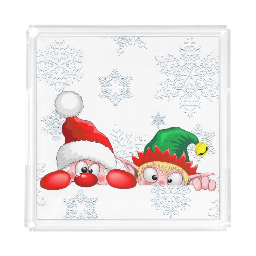 Santa and Elf Cute and funny Characters Peeking  Acrylic Tray