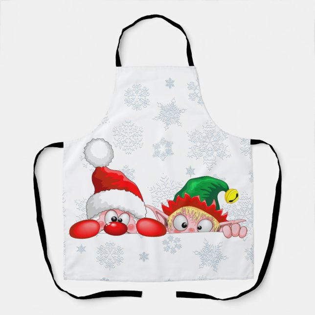 Santa and Elf Cute and funny Characters Peeking  Apron (Front)