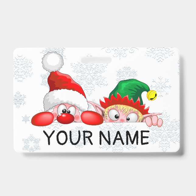 Santa and Elf Cute and funny Characters Peeking   Badge (Front)