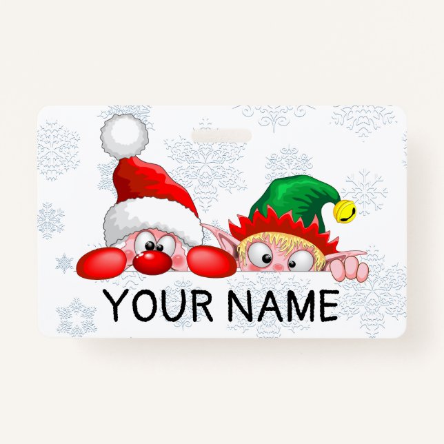 Santa and Elf Cute and funny Characters Peeking   Badge (Front)