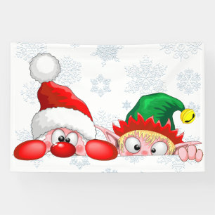 Santa and Elf Cute and funny Characters Peeking Banner