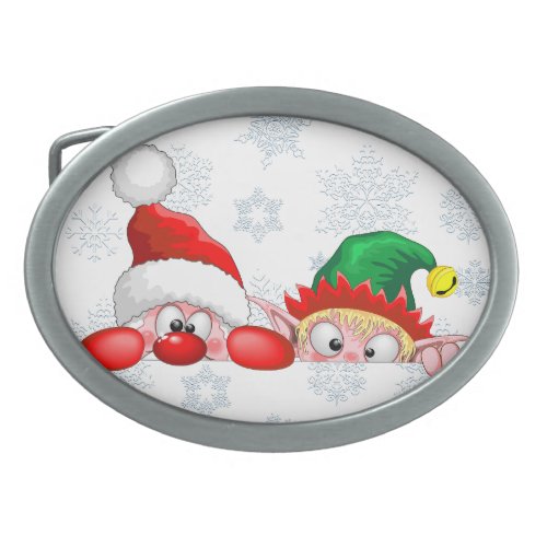 Santa and Elf Cute and funny Characters Peeking  Belt Buckle