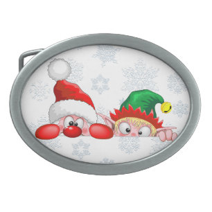 Santa and Elf Cute and funny Characters Peeking   Belt Buckle