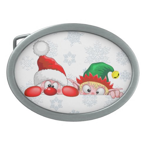 Santa and Elf Cute and funny Characters Peeking   Belt Buckle