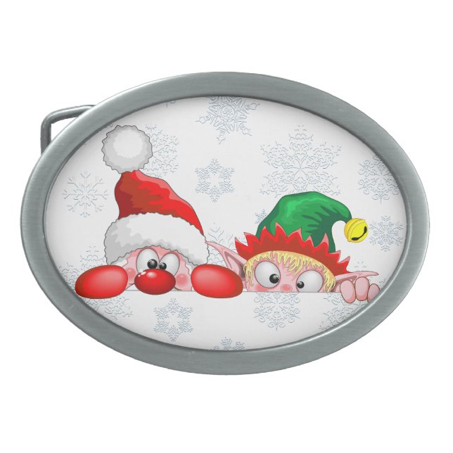 Santa and Elf Cute and funny Characters Peeking   Belt Buckle (Front)