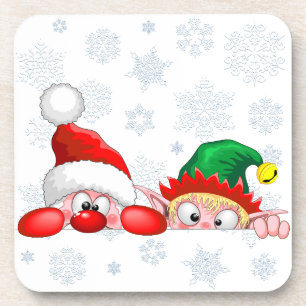 Santa and Elf Cute and funny Characters Peeking Beverage Coaster