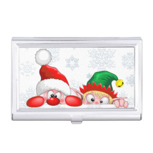 Santa and Elf Cute and funny Characters Peeking Business Card Case