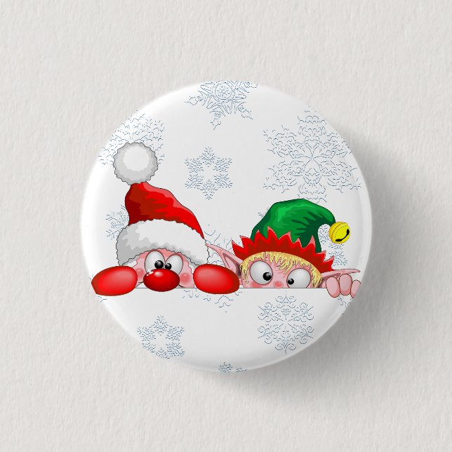 Santa and Elf Cute and funny Characters Peeking  Button (Front)