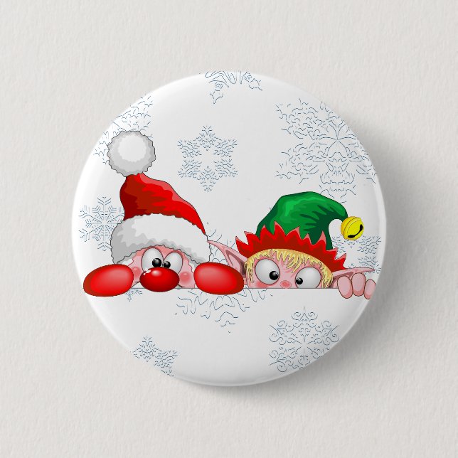 Santa and Elf Cute and funny Characters Peeking   Button (Front)